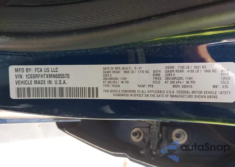 2021 Ram 1500 Limited 4X4 5'7 Box из США, поврежденный, VIN 1C6SRFHTXMN665570